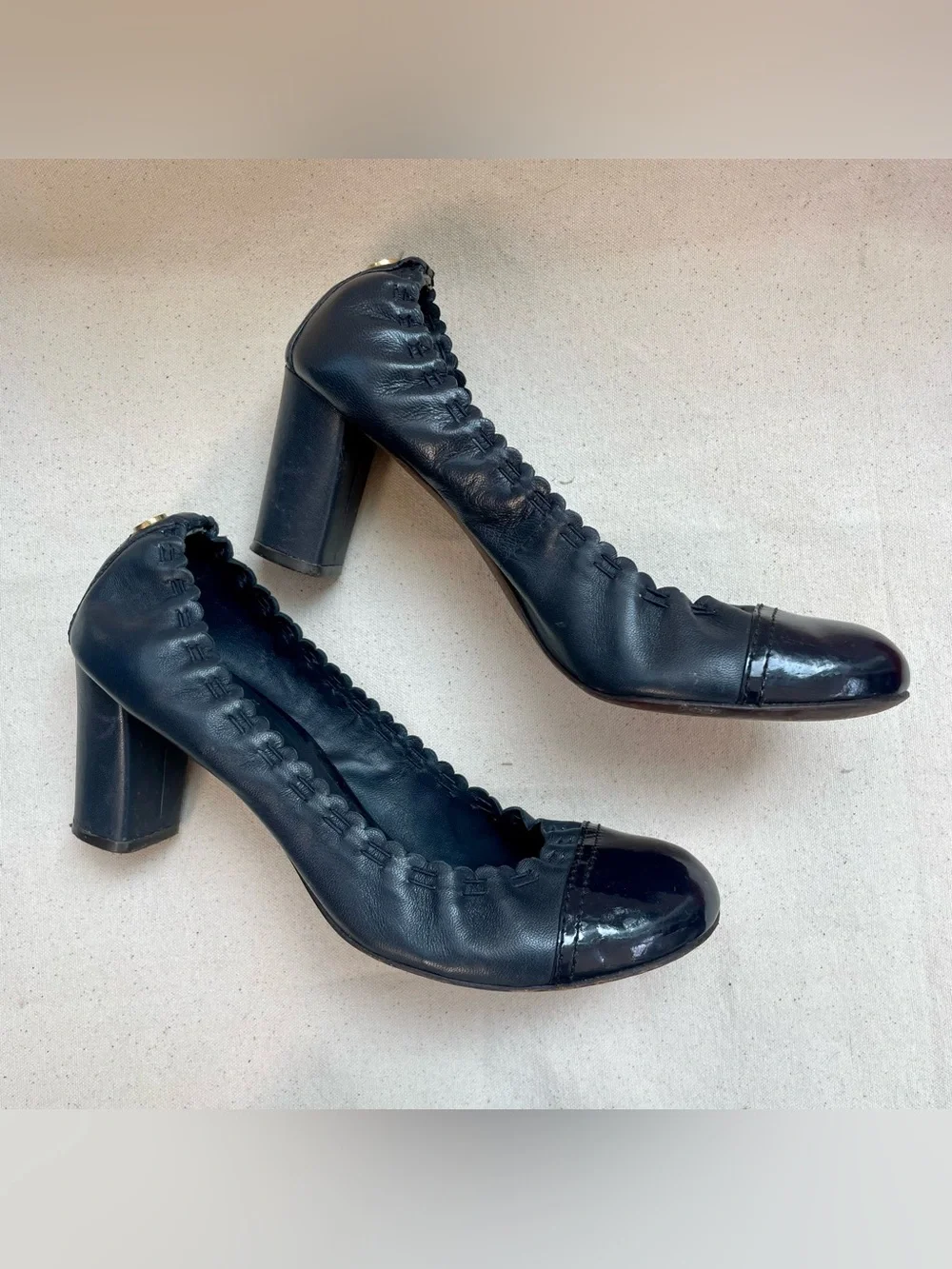 Tory Burch Navy Patent Round-Toe Block Heel Pumps